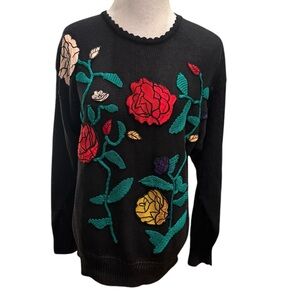 Richard Martin Women’s Medium Black Sweater w/ Multi Color Roses Size M Vintage